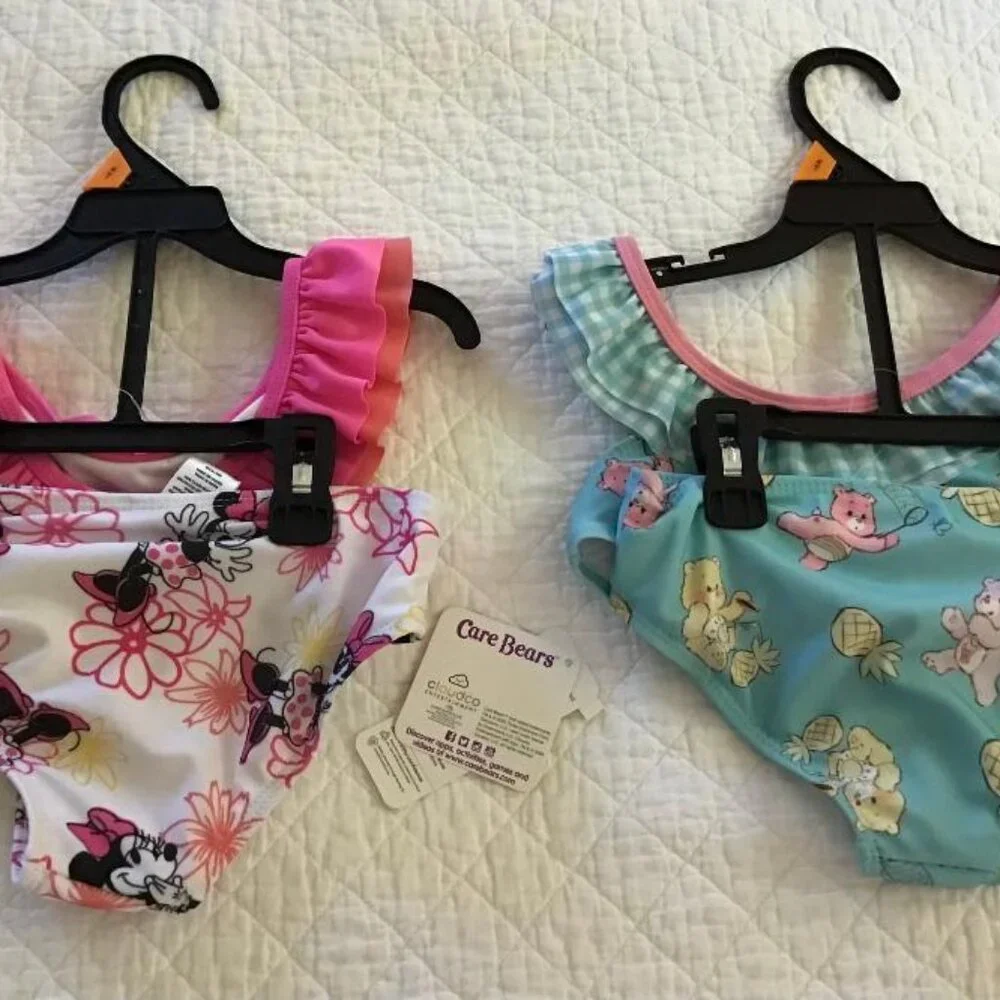 NWT Minnie‎ Mouse Pink Swimsuit Girls 2-Piece + 2-Piece Care Bears Suit 2T - New